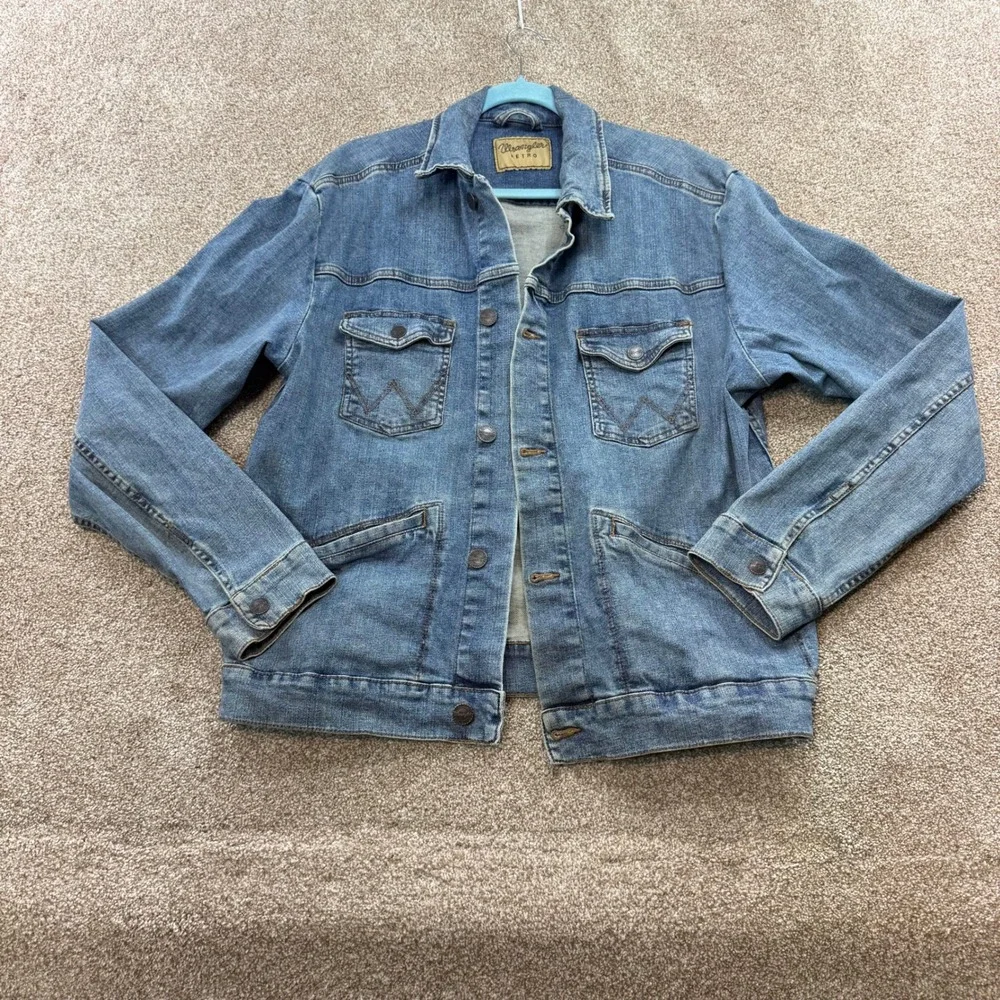 Wrangler Retro Mens Blue Denim Trucker Jacket L Cotton VTG Coat Jean Western